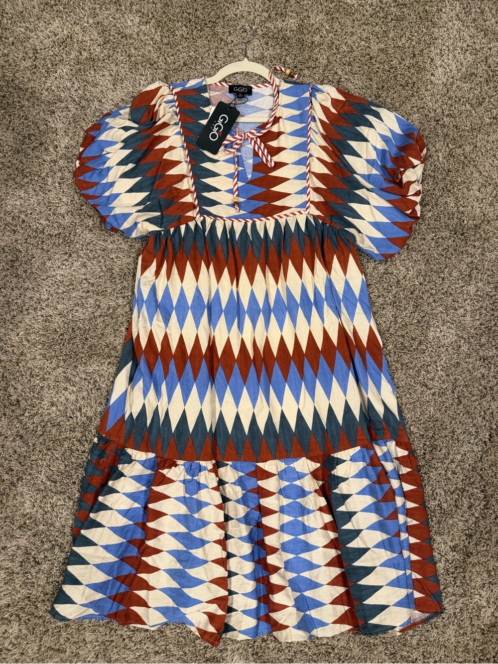 G&Co Diamond-Print Puff-Sleeve Midi Dress in Blue, Rust & Cream